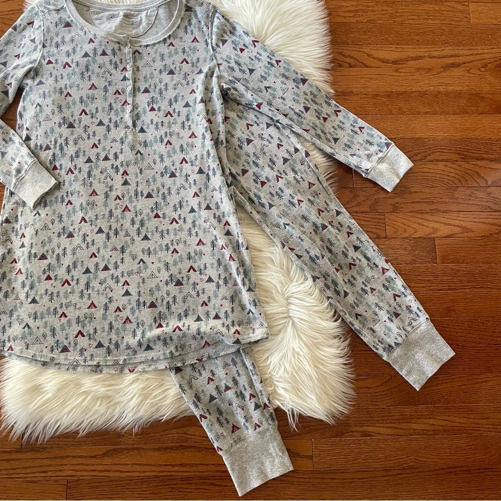 Eddie Bauer Gray Pajama Set with Tree Camping Pattern Long John Style Size Med